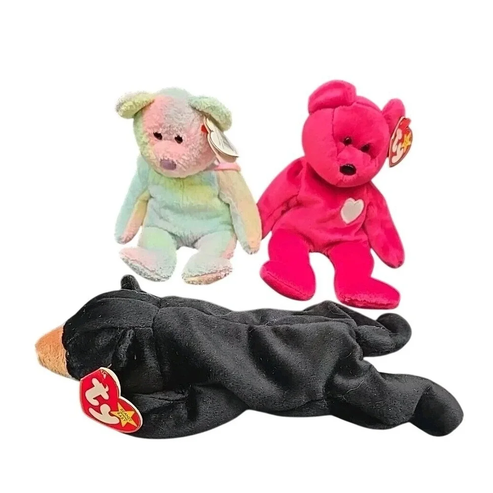 Ty Beanie Babies Bear Lot Blackie Groovy Magenta Heart 3pc Plush Set‎ Vintage